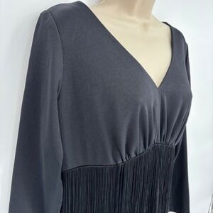 Vintage Claralura Original Black Fringe Maxi Dress V-Neck Long Sleeve Sz L